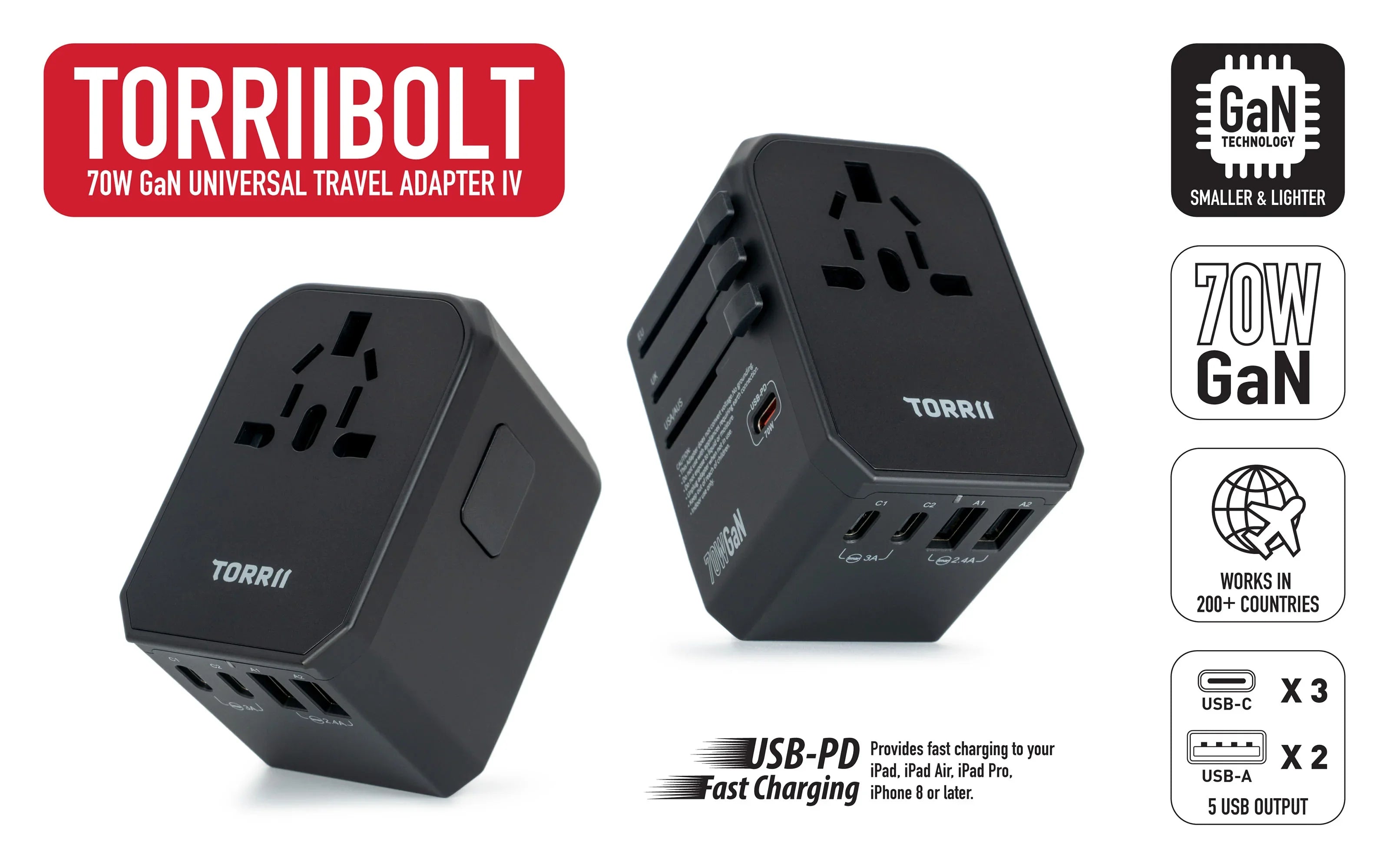 Torrii Bolt 70W GaN Universal Travel Adapter IV - Black - Tashqila Torrii Bolt 70W GaN Universal Travel Adapter IV - Black - Tashqila
